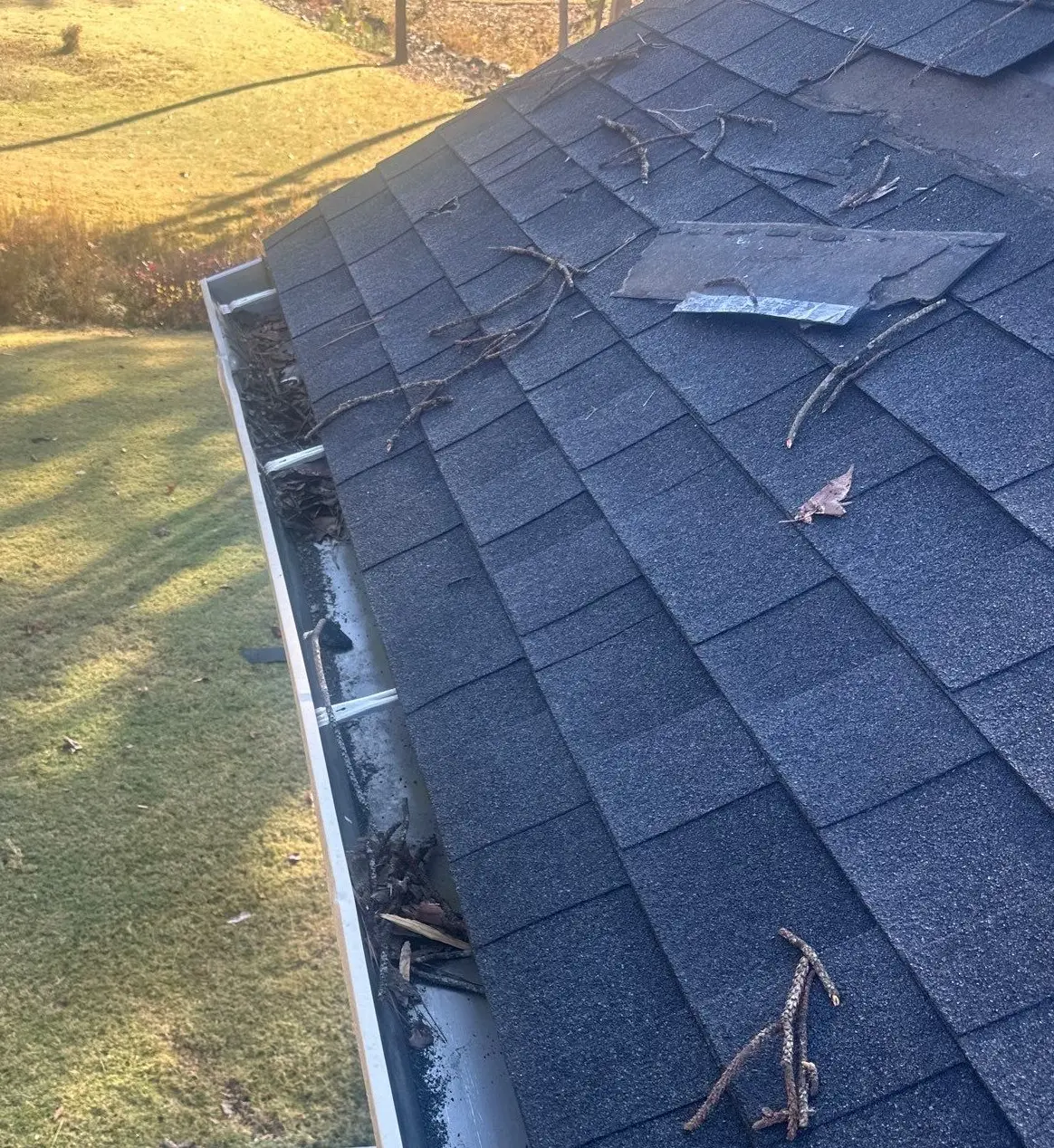Rear roof slope in Dallas, GA, showing tree impact damage to shingles and bent aluminum gutter.